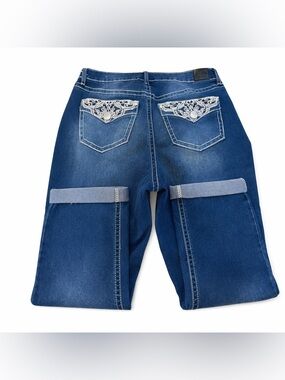 Love Indigo Women's Dark Blue Embroidered Back Pocket Boyfriend Jeans